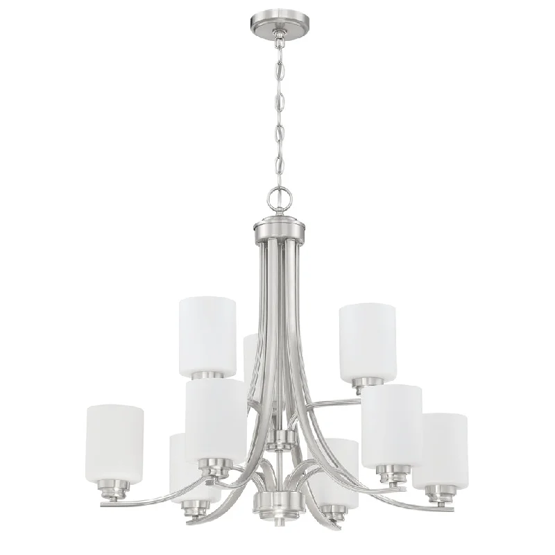 Industrial Exit Sign Lighting for Quick EvacuationBolden 9 Light Chandelier in Brushed Polished Nickel (White Glass) Industrial Exit Sign Lighting for Quick EvacuationBolden 9 Light Chandelier in Brushed Polished Nickel (White Glass)
