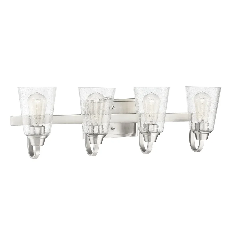Industrial Task Lighting for Precision WorkstationsGrace 4 Light Vanity in Brushed Polished Nickel (Clear Seeded Glass) Industrial Task Lighting for Precision WorkstationsGrace 4 Light Vanity in Brushed Polished Nickel (Clear Seeded Glass)