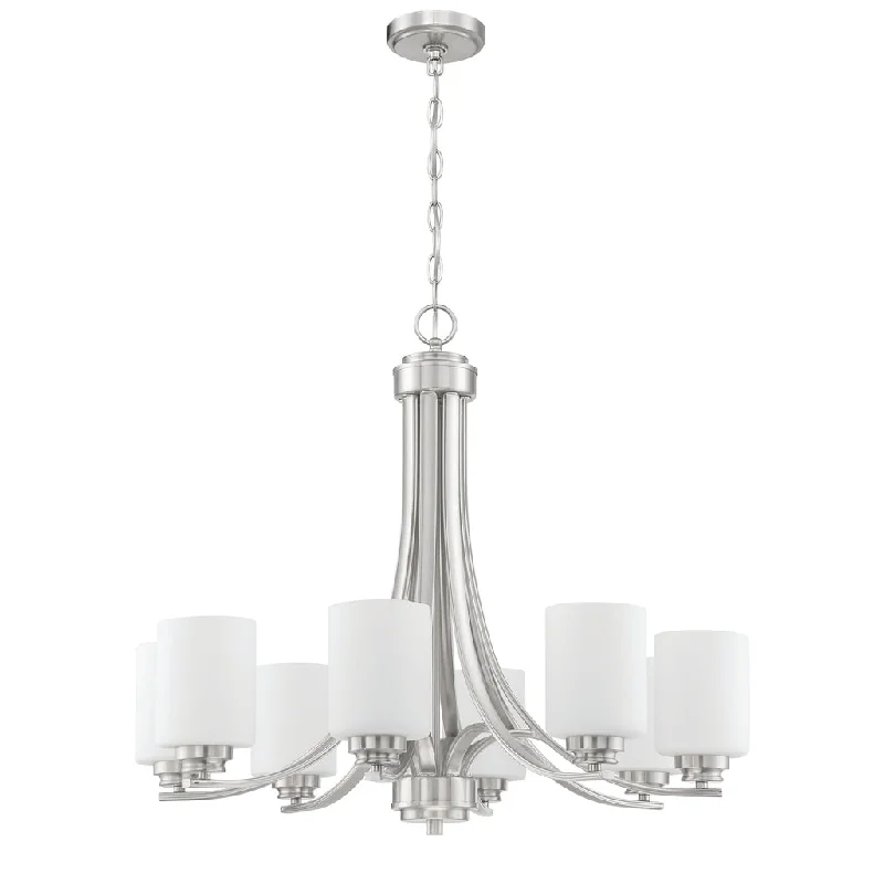 Low - Bay Industrial Lighting Fixtures for Small FactoriesBolden 8 Light Chandelier in Brushed Polished Nickel (White Glass) Low - Bay Industrial Lighting Fixtures for Small FactoriesBolden 8 Light Chandelier in Brushed Polished Nickel (White Glass)