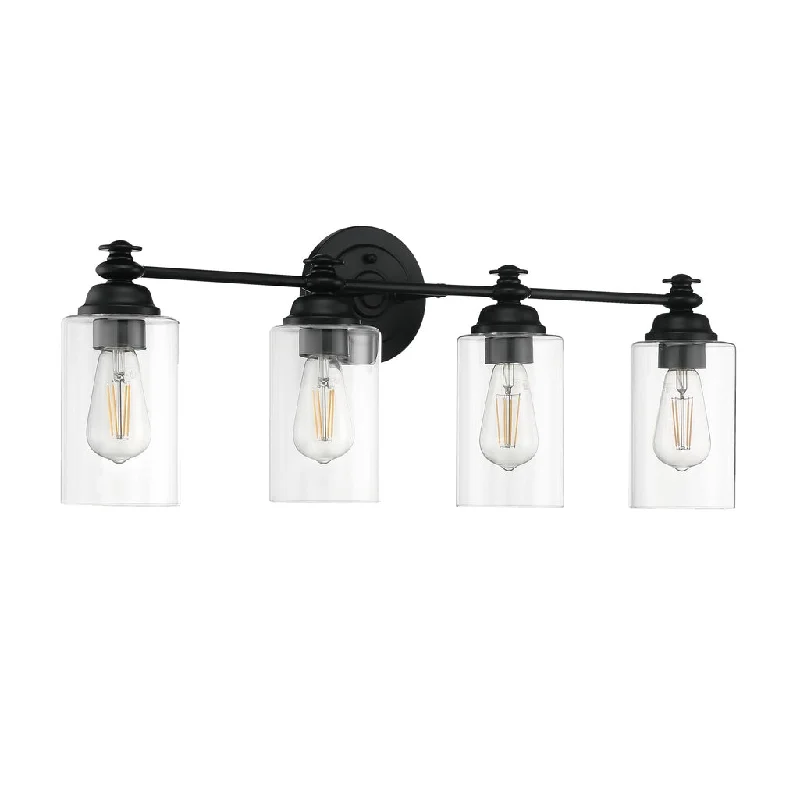 Dimmable Industrial Lighting for Ambiance ControlDardyn 4 Light Vanity in Flat Black (Clear Glass) Dimmable Industrial Lighting for Ambiance ControlDardyn 4 Light Vanity in Flat Black (Clear Glass)