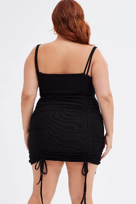 Black Bodycon Dress Sleeveless Ruched Rib