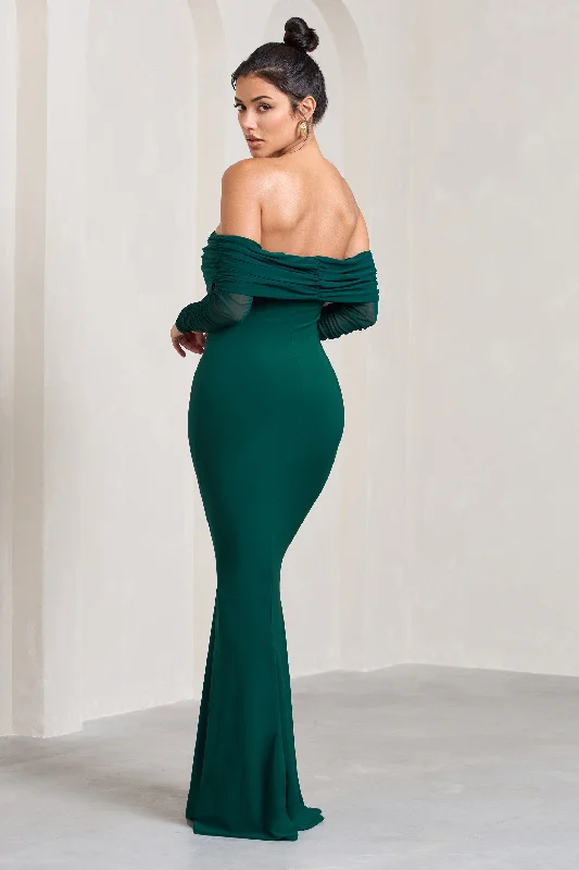 Madeleine | Bottle Green Fishtail Maxi Dress With Bardot Mesh Long Sleeves