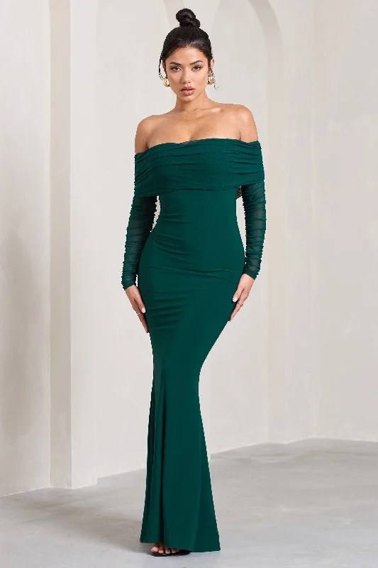 Madeleine | Bottle Green Fishtail Maxi Dress With Bardot Mesh Long Sleeves