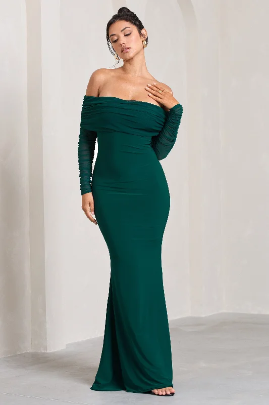 Madeleine | Bottle Green Fishtail Maxi Dress With Bardot Mesh Long Sleeves