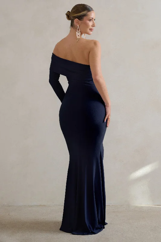 Meghan | Navy Bardot Neck Thigh Split Fishtail Maxi Dress