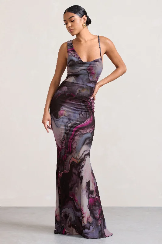 Phantasy | Marble Print Asymmetric Neckline Cowl Maxi Dress