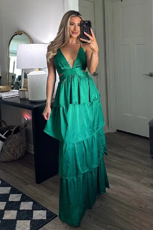 Florence Tiered Satin Maxi Dress: Green