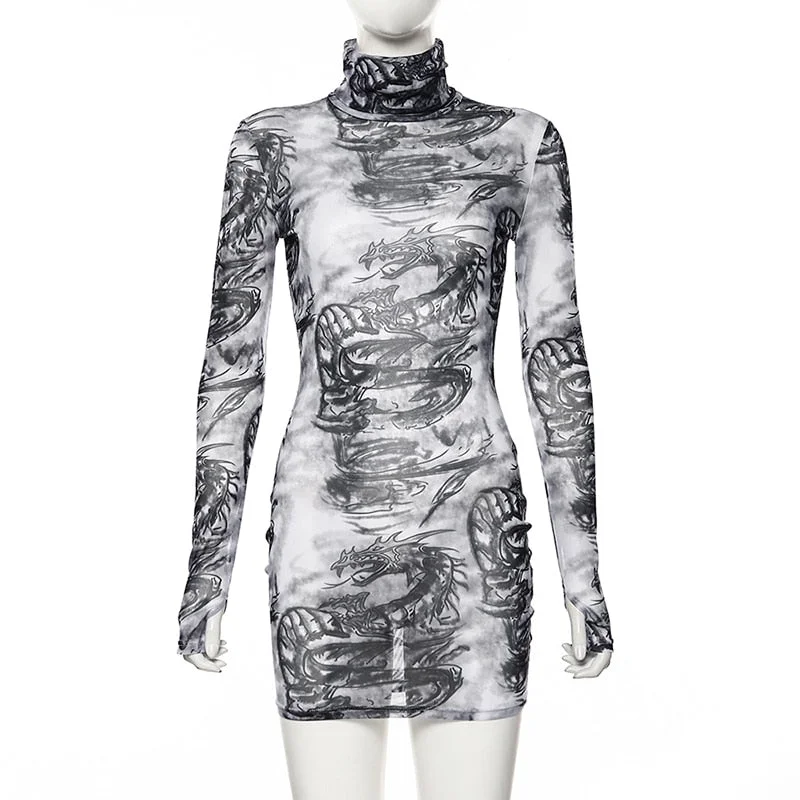 FashionSierra - Mini Dress Women Turtleneck See-through Dragon Print Party