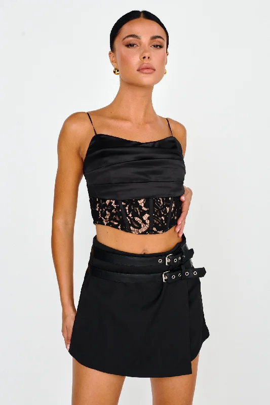 Love Wild Satin & Lace Crop Top Black