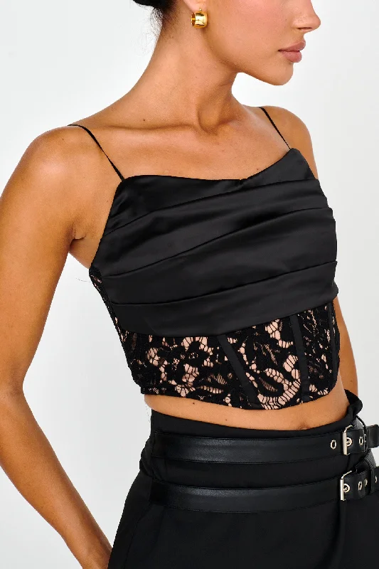 Love Wild Satin & Lace Crop Top Black