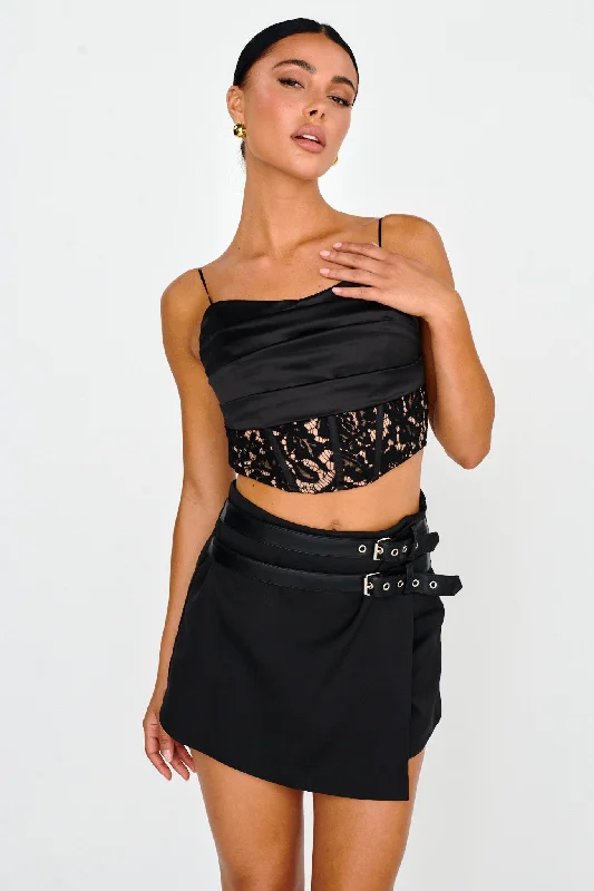 Love Wild Satin & Lace Crop Top Black